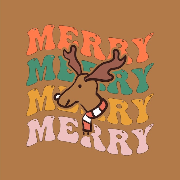 Groovy Christmas print met rendieren en quote Merry Merry Merry Retro Christmas graphics Voorraad vector clipart