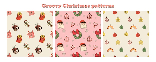 Groovy Christmas seamless pattern Comic retro winter characters and decorative elements