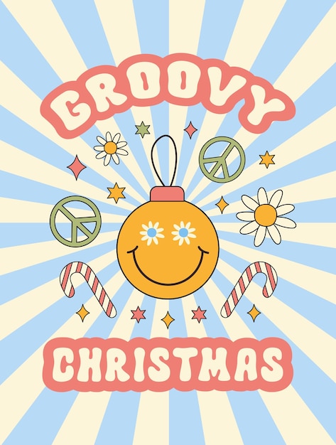 Groovy Christmas vector illustration with daisy flowers, sweets, peace symbol and smiling christmas