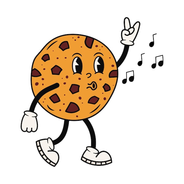 Groovy cool chocolate chip cookies character cute retro mascot cartoon isolated vector illustration