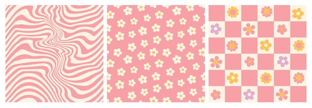 Groovy daisy flower waves chessboard hippie 60s 70s seamless patterns