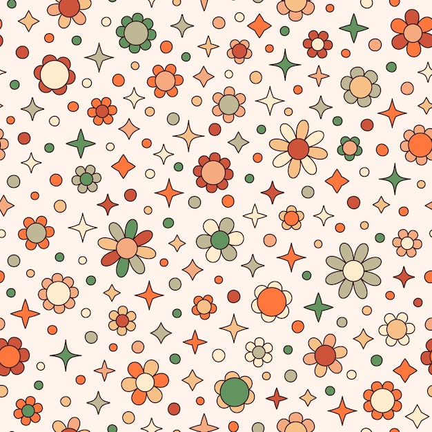 Groovy daisy flowers seamless pattern floral vector background in s hippie retro style