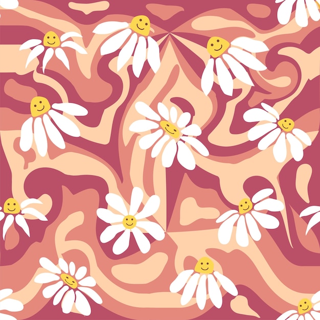 Groovy daisy ретро бесшовный узор Retro Smile Chamomile Pattern на хиппи-эстетике 1970 года