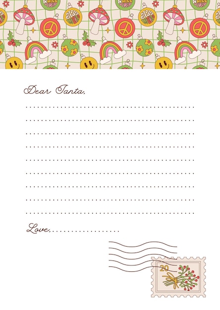 Groovy drawn cartoon template for christmas letter to santa claus with postmark and postage stamp pa