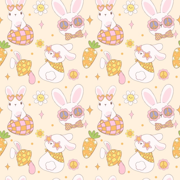 Groovy Easter Pattern Naadloos retro disco konijn Speelse dier doodle tekening