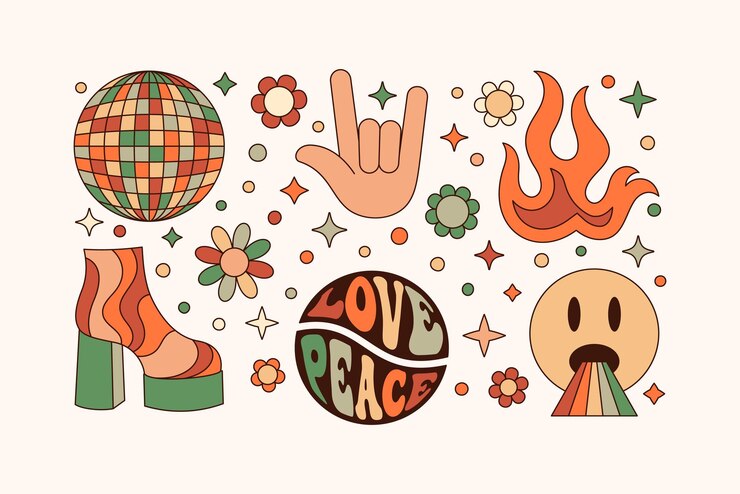 Vector groovy elements set in retro hippie style 70s vector stickers disco ball, rock hand, flame, shoe