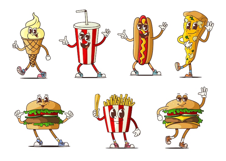 Vector groovy fastfood burgers en frisdrank personages
