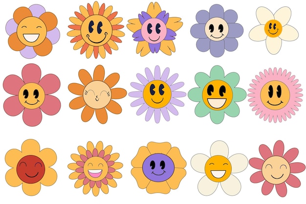 Groovy flower cartoon characters funny happy daisy with eyes and smile