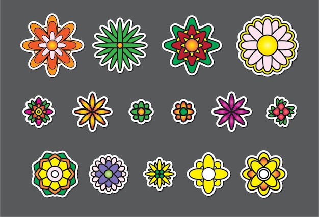 Groovy Flower Sticker pack in trendy retro psychedelic cartoon vector style.