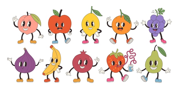 Vector groovy fruit set hand tekenen grappige retro vintage trendy stijl fruit cartoon personage illustratie