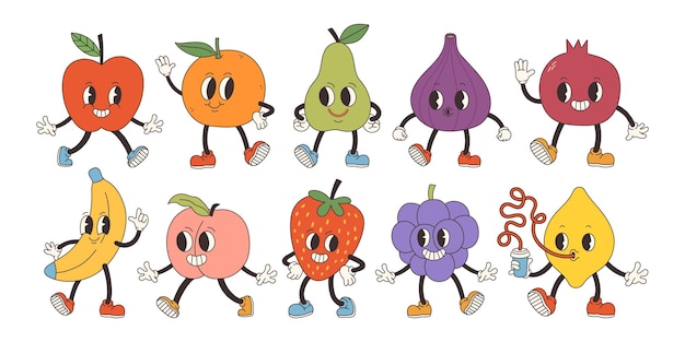 Vector groovy fruit set hand tekenen grappige retro vintage trendy stijl fruit cartoon personage illustratie