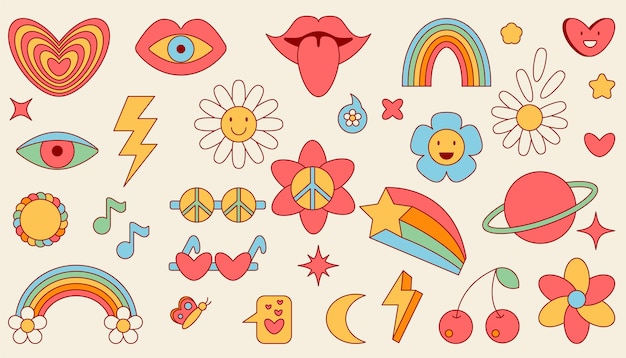 Vector groovy funny cartoon bloem regenboog teken van vrede oog lippen liefde hart daisy sticker pakket in