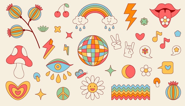 Groovy Funny Cartoon Flower Rainbow Sign of Peace Mushroom Daisy Stickers in trendy retro stijl