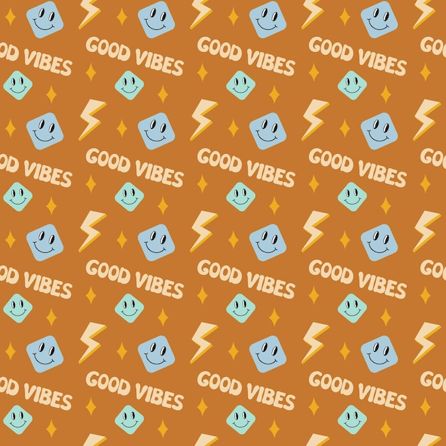 Groovy good vibes patroon naadloze trendy retro jaren 70 achtergrond met lachende gezichten en tekst kleurrijke vectorillustratie vintage groovy herhalen patroon