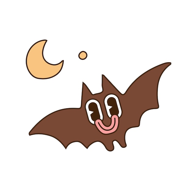 Groovy halloween bat character with moon trippy spooky elements walking retro cartoon mascot contour