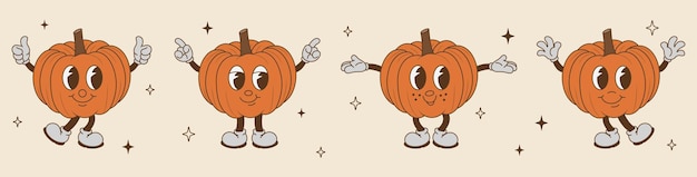 Groovy halloween cartoon pompoenen set Tis het seizoen vectorillustratie