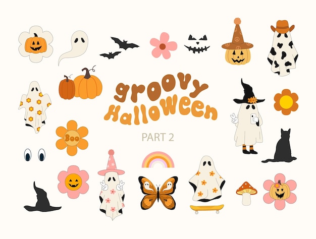 Groovy Halloween Retro groovy Halloween cliparts Hippie vintage stijl Ghost paddestoel pompoen Vector illustratie