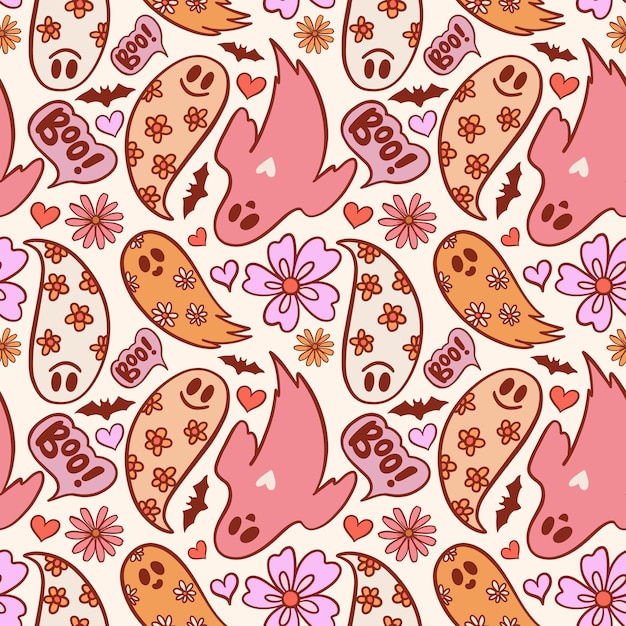 Vector groovy halloween vector pattern with ghosts in retro 70s style. psychedelic pink