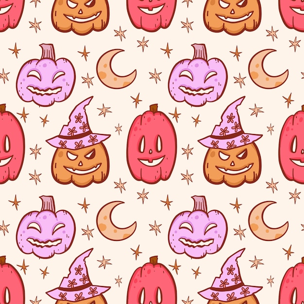 Vector groovy halloween vector pattern with pumpkins in retro 70s style. psychedelic pink illustration