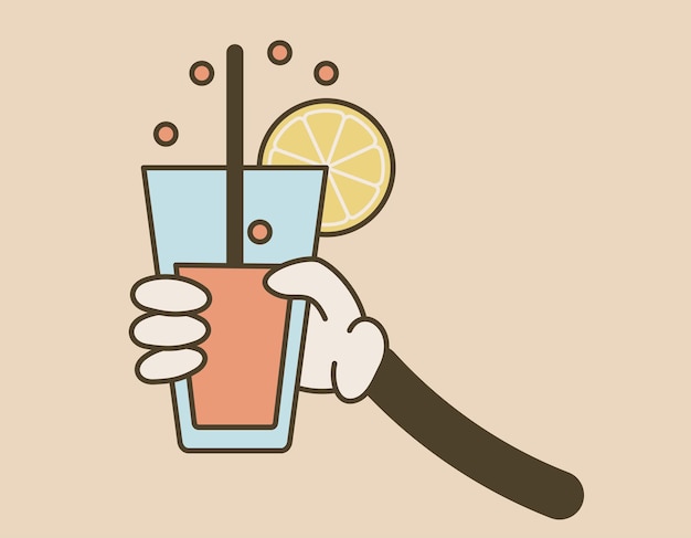 Groovy hand holding a glass with cocktail or lemonade and a drinking straw Vector isolated retro illustration old cartoon style