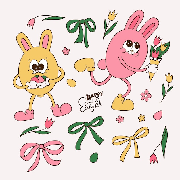 Groovy happy easter bunny personages set easter konijnen met eieren buigen tulpen eieren collectie van