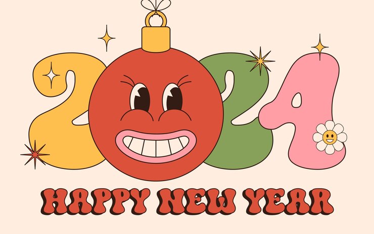 Vector groovy happy new year 2024 happy new year 2024 number with bauble ball design in groovy style trendy background for branding banner cover card