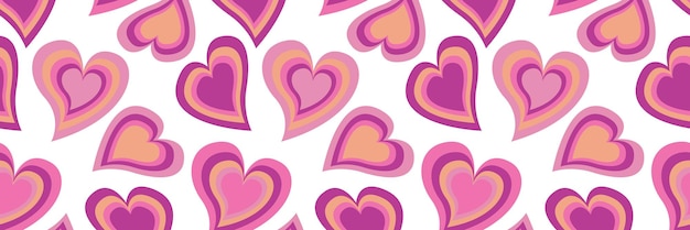 Groovy hearts seamless pattern psychedelic distorted background in 1970s 1980s hippie retro print for textile wrapping paper web design and social media pink and purple colors