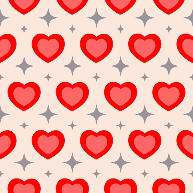 Groovy hearts shape seamless pattern. Retro square banner with red harts and gray stars