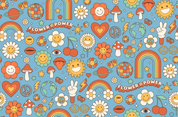 Vector groovy hippie 1970s background funny cartoon flower rainbow peace love heart daisy mushroom