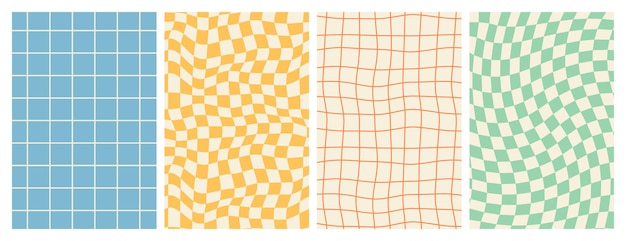 Groovy hippie 70s backgrounds checkerboard chessboard mesh waves patterns in trendy retro style