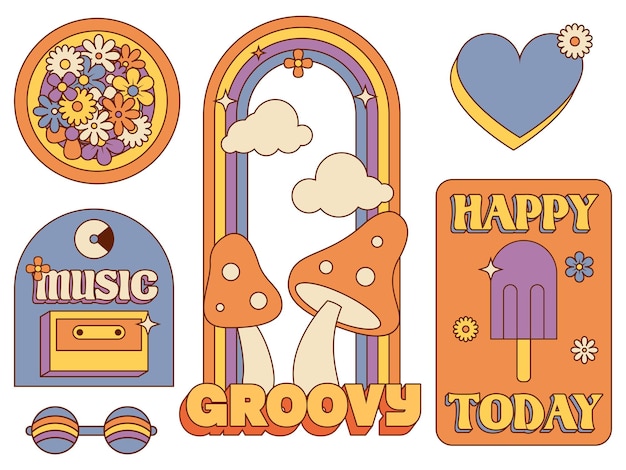 Vector groovy hippie 70s badge stickerpakket in vintage retro cartoon illustratie. bloem en regenboog vol4