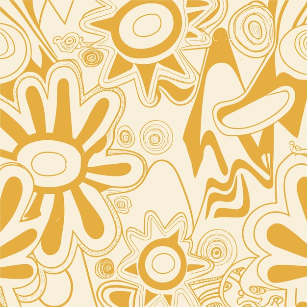 Groovy hippie 70s elements in trendy flower and psychedelic style seamless vector pattern 70s 80s