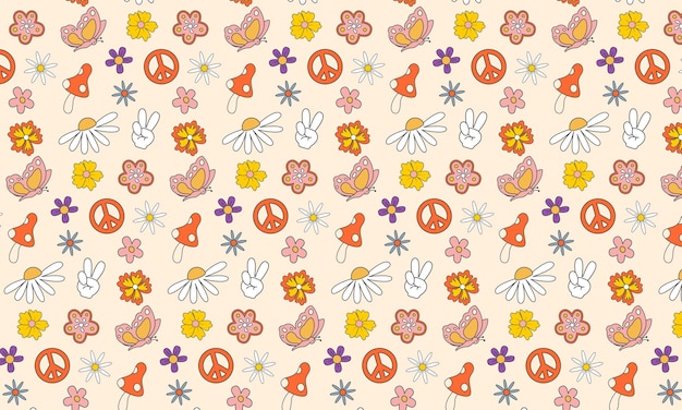 Groovy hippie 70s pattern, flat vector illustration