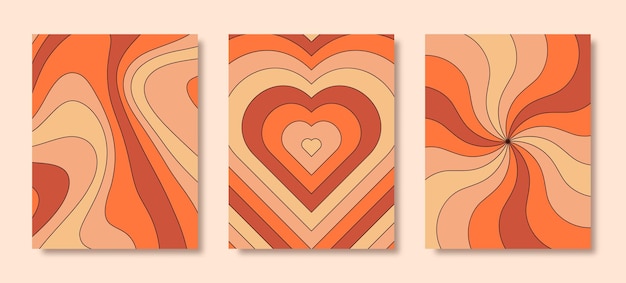 Groovy hippie 70s posters set vector sfondo psichedelico cuore arcobaleno, raggi solari, linee ondulate