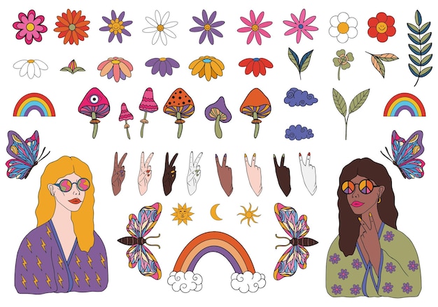 Groovy hippie 70s set Funny cartoon flower rainbow peace Love heart daisy mushroom