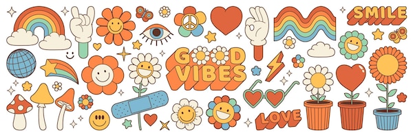 Groovy hippie 70s stickers funny cartoon flower rainbow peace heart in retro psychedelic style