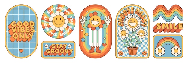 Vettore adesivi groovy hippie anni '70 divertente cartone animato fiore arcobaleno cuore di pace in stile psichedelico retrò