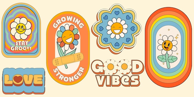 Groovy hippie 70s stickers Funny cartoon flower rainbow peace
