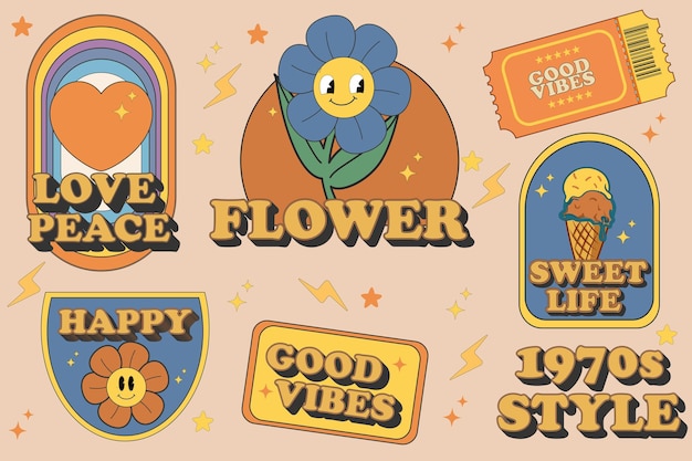 Groovy hippie 70s world flowers rainbow ice cream shoes move and growth sticker pack