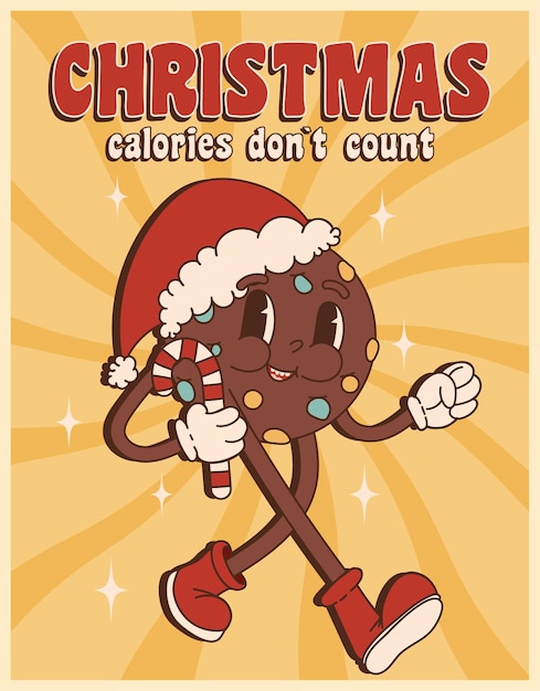 Groovy hippie Christmas. Chocolate cookies in trendy retro cartoon style. Christmas calories.