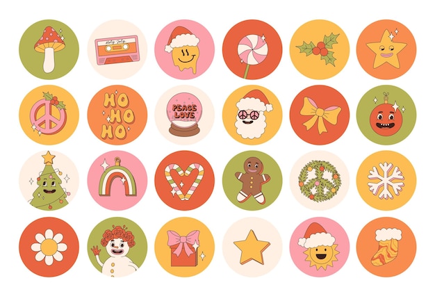 Groovy hippie Christmas round stickers Santa Claus Christmas tree gifts rainbow peace ho ho ho winter gingerbread in trendy retro cartoon style Cartoon characters and elements