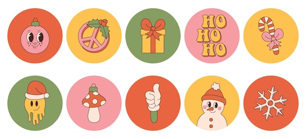 Vector groovy hippie christmas round stickers snowman gifts peace ho ho ho winter snowflake