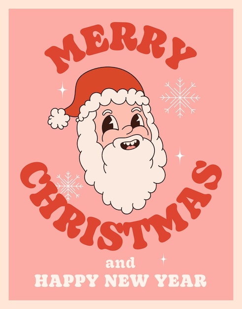 Groovy hippie Christmas. Santa Claus in trendy retro cartoon style. Merry christmas.