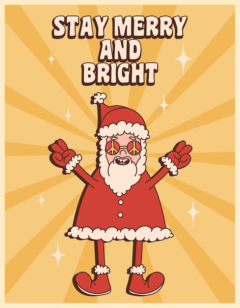 Vector groovy hippie christmas. santa claus in trendy retro cartoon style.