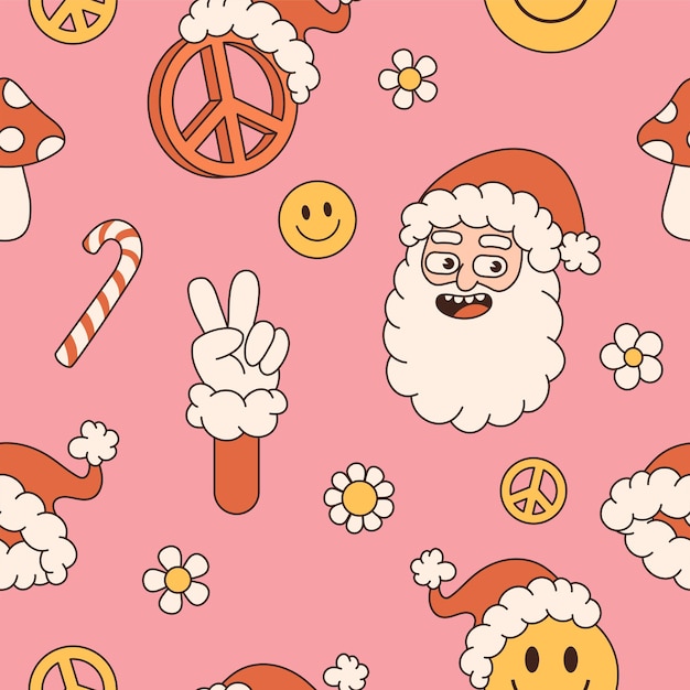 Groovy hippie christmas seamless pattern santa claus smile peace in trendy retro cartoon style