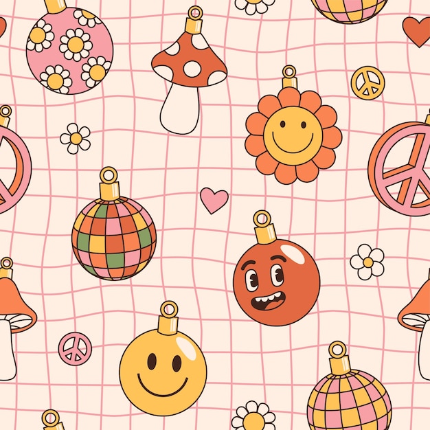 Groovy hippie christmas seamless pattern smile peace wave disco ball mushroom