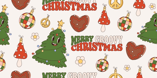 Groovy hippie christmas seamless pattern with retro cartoon characters and elements. Trendy 70s.