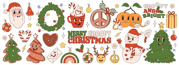 Vector groovy hippie christmas stickers. santa claus, christmas tree, gifts, rainbow, peace, groovy.