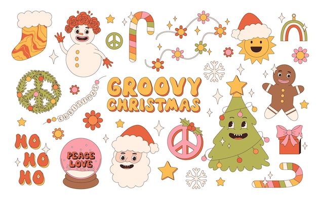 Groovy hippie Christmas stickers Santa Claus Christmas tree gifts rainbow peace holly jolly vibes ho ho ho winter gingerbread in trendy retro cartoon style Cartoon characters and elements