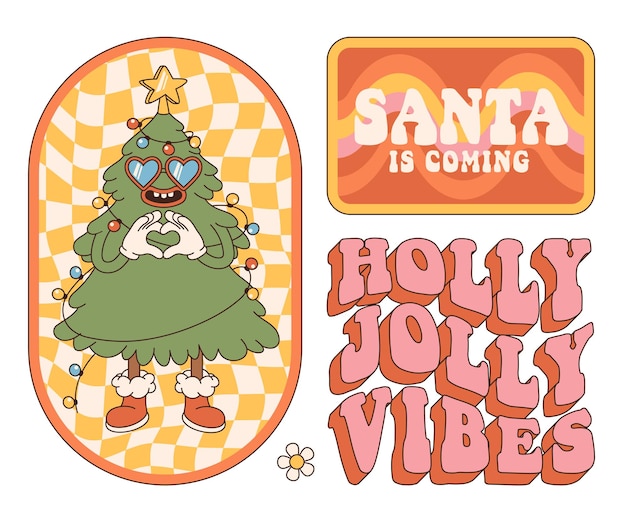 멋진 히피 크리스마스 스티커 산타는 복고풍 만화 스타일의 크리스마스 트리 홀리 졸리를 오고 있습니다